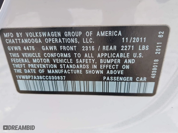 2012 Volkswagen Passat SE with VIN 1VWBP7A38CC030837, listed as a IAAI auction lot 41864669 with 169,816 mi miles. Bid and sale history available at carsss.com. Image 9.