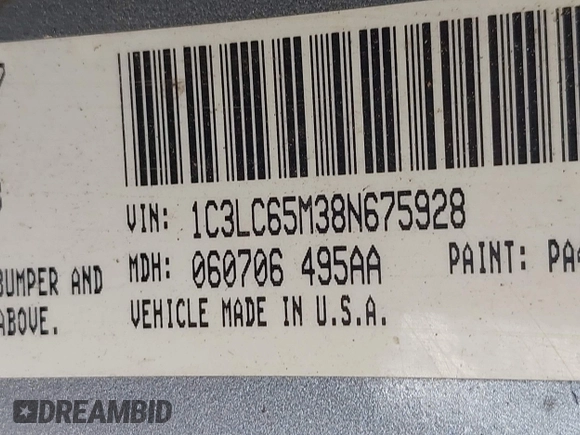 2008 Chrysler Sebring Limited with VIN 1C3LC65M38N675928, listed as a IAAI auction lot 42264103 with 137,188 mi miles and . Bid and sale history available at DreamBid. Image 9.