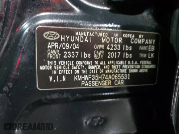 2004 Hyundai Sonata GLS with VIN KMHWF35H74A065531, listed as a Copart auction lot 58972164 with 96,352 mi miles and Salvage Title. Bid and sale history available at carsss.com. Image 12.