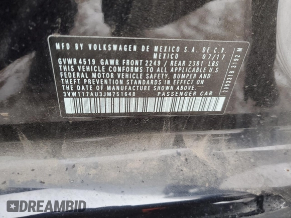 2018 Volkswagen Golf S z VIN 3VW117AU3JM751648, wystawiony jako Copart lot #87949145 z przebiegiem 50 213 mil mil oraz Szkoda całkowita • Salvage title. Historia ofert i sprzedaży dostępna na DreamBid. Obrazek 14.