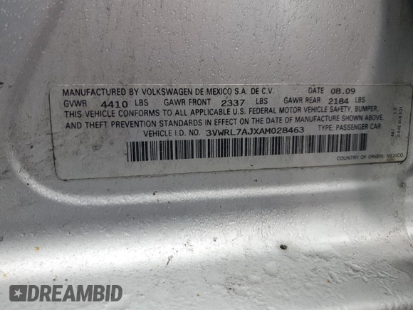 2010 Volkswagen Jetta TDI with VIN 3VWRL7AJXAM028463, listed as a Copart auction lot 60912445 with 242,906 mi miles and Salvage title. Bid and sale history available at DreamBid. Image 12.