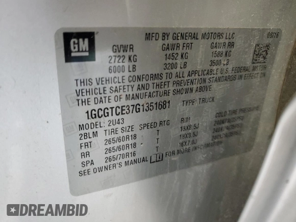 2016 Chevrolet Colorado 4WD LT with VIN 1GCGTCE37G1351681, listed as a Copart auction lot 45105325 with 126,252 mi miles and Salvage title. Bid and sale history available at DreamBid. Image 12.