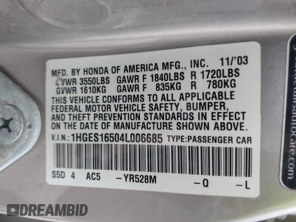 2004 Honda Civic LX with VIN 1HGES16504L006685, listed as a IAAI auction lot 42041190 with 172,355 mi miles and . Bid and sale history available at DreamBid. Image 9.