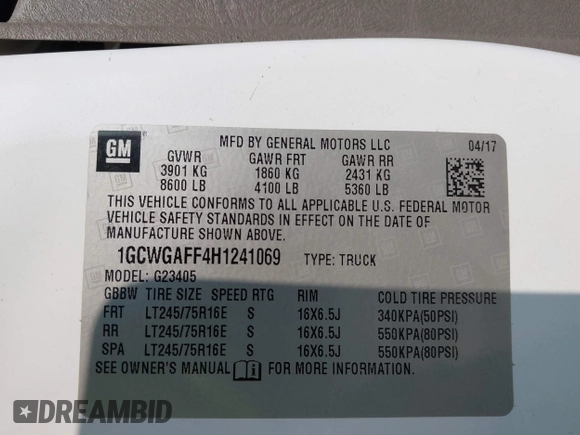 2017 Chevrolet Express Cargo z VIN 1GCWGAFF4H1241069, wystawiony jako IAAI lot #42465525 z przebiegiem 89 006 mil mil oraz . Historia ofert i sprzedaży dostępna na DreamBid. Obrazek 9.