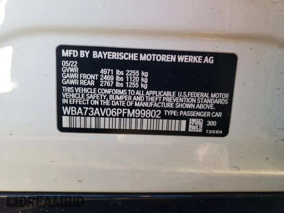 2023 BMW 4 Series 430i xDrive with VIN WBA73AV06PFM99802, listed as a Copart auction lot 45356035 with Not provided miles and Salvage title. Bid and sale history available at DreamBid. Image 14.