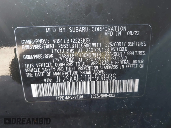 2022 Subaru Forester Premium with VIN JF2SKAEC1NH508936, listed as a IAAI auction lot 42028128 with 71,510 mi miles and . Bid and sale history available at DreamBid. Image 9.