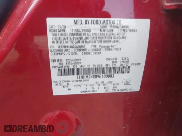 2009 Lincoln MKS with VIN 1LNHM94R89G600883, listed as a IAAI auction lot 42461055 with 172,574 mi miles and . Bid and sale history available at DreamBid. Image 9.