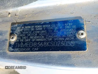 1989 Honda Civic z VIN JHMED8368KS023055, wystawiony jako IAAI lot #42017265 z przebiegiem 191 370 mil mil oraz . Historia ofert i sprzedaży dostępna na DreamBid. Obrazek 9.