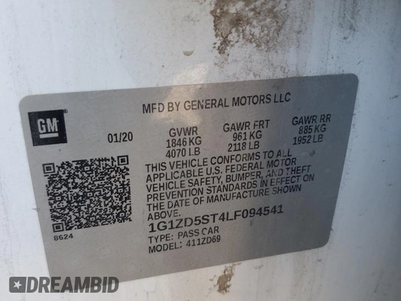 2020 Chevrolet Malibu LT with VIN 1G1ZD5ST4LF094541, listed as a Copart auction lot 49516105 with Not Provided miles and Salvage Title. Bid and sale history available at DreamBid. Image 14.