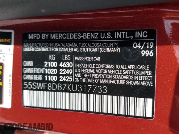 2019 Mercedes-Benz C 300 with VIN 55SWF8DB7KU317733, listed as a Copart auction lot 55562235 with 39,884 mi miles and Non repairable. Bid and sale history available at DreamBid. Image 12.