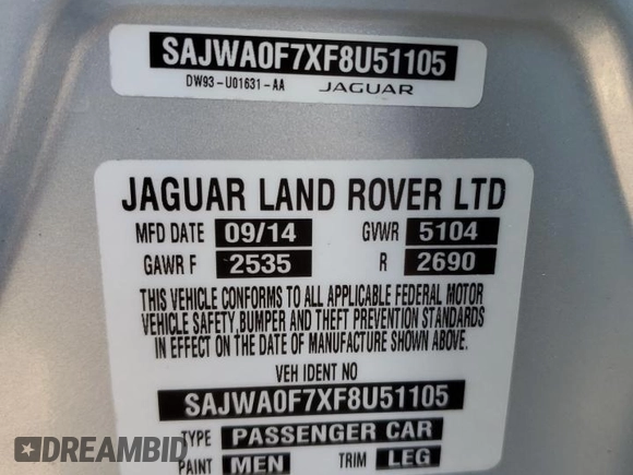 2015 Jaguar XF V6 Portfolio with VIN SAJWA0F7XF8U51105, listed as a Copart auction lot 82865814 with 62,807 mi miles and Salvage Title. Bid and sale history available at carsss.com. Image 14.