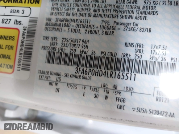 2020 Ford Fusion SE with VIN 3FA6P0HD4LR165511, listed as a IAAI auction lot 42136252 with 30,709 mi miles and . Bid and sale history available at DreamBid. Image 9.