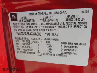2004 Chevrolet TrailBlazer LT with VIN 1GNDS13S842376090, listed as a IAAI auction lot 42075638 with 112,519 mi miles. Bid and sale history available at carsss.com. Image 9.