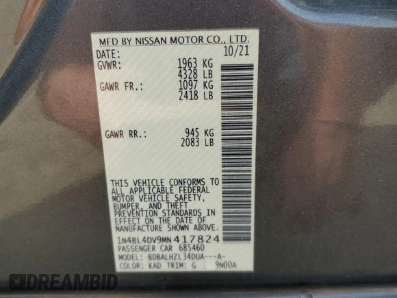 2021 Nissan Altima SV with VIN 1N4BL4DV9MN417824, listed as a Copart auction lot 50983445 with 92,317 mi miles and Salvage Title. Bid and sale history available at carsss.com. Image 12.