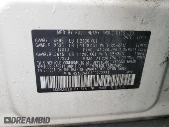 2015 Subaru Outback Premium with VIN 4S4BSAFC7F3272221, listed as a Copart auction lot 54859875 with Not Provided miles and Salvage Title. Bid and sale history available at DreamBid. Image 14.
