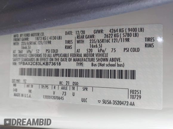 2020 Ford Transit Passenger XL with VIN 1FBAX2C83LKB73618, listed as a IAAI auction lot 41454898 with 46,327 mi miles and . Bid and sale history available at DreamBid. Image 9.