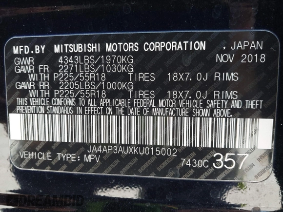 2019 Mitsubishi Outlander Sport ES 2.0 with VIN JA4AP3AUXKU015002, listed as a IAAI auction lot 41299231 with 56,266 mi miles. Bid and sale history available at carsss.com. Image 9.