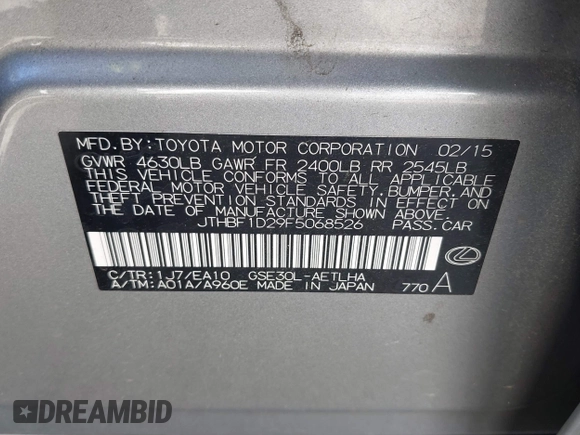 2015 Lexus IS 250 z VIN JTHBF1D29F5068526, wystawiony jako IAAI lot #42059493 z przebiegiem 178 313 mil mil oraz . Historia ofert i sprzedaży dostępna na DreamBid. Obrazek 9.