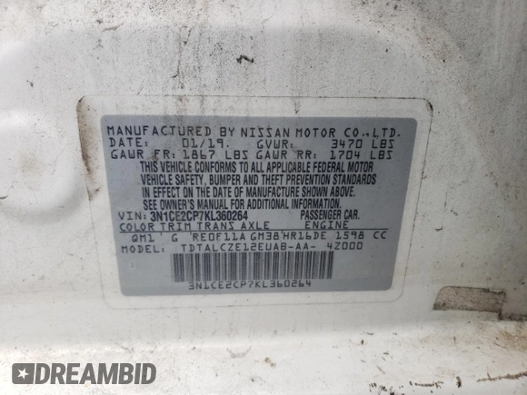 2019 Nissan Note SV with VIN 3N1CE2CP7KL360264, listed as a Copart auction lot 58570375 with 132,726 mi miles and Clean title. Bid and sale history available at DreamBid. Image 13.