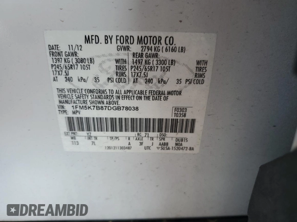 2013 Ford Explorer with VIN 1FM5K7B87DGB78038, listed as a Copart auction lot 57675135 with 142,386 mi miles and Clean title. Bid and sale history available at DreamBid. Image 12.