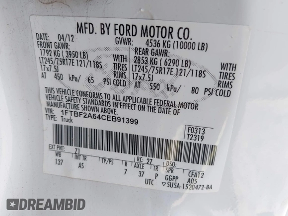 2012 Ford F-250 XL with VIN 1FTBF2A64CEB91399, listed as a IAAI auction lot 41776896 with 171,960 mi miles and . Bid and sale history available at DreamBid. Image 9.