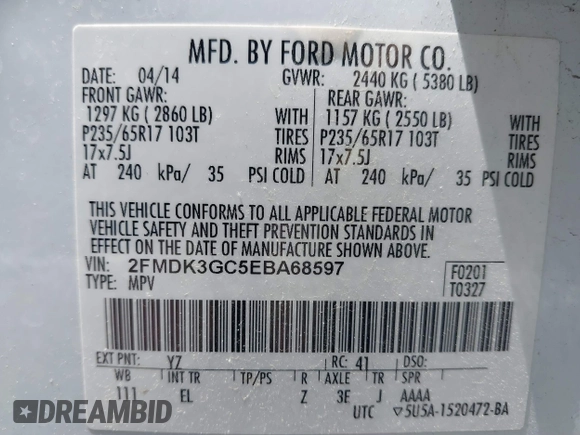 2014 Ford Edge SE with VIN 2FMDK3GC5EBA68597, listed as a IAAI auction lot 42555498 with 209,994 mi miles and . Bid and sale history available at DreamBid. Image 9.