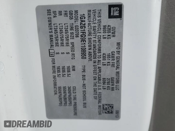2014 Chevrolet Express Passenger LT with VIN 1GAZG1FG9E1108950, listed as a Copart auction lot 45370685 with 537,650 mi miles and Salvage title. Bid and sale history available at DreamBid. Image 13.