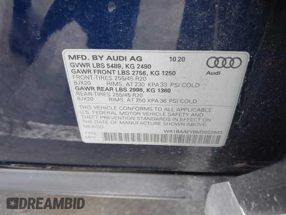 2021 Audi Q5 Premium Plus with VIN WA1BAAFY8M2022843, listed as a IAAI auction lot 42056110 with 32,036 mi miles and . Bid and sale history available at DreamBid. Image 9.