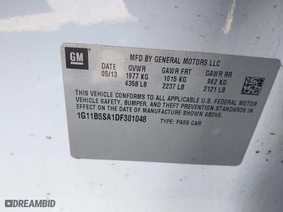2013 Chevrolet Malibu LS with VIN 1G11B5SA1DF301048, listed as a IAAI auction lot 41983429 with 110,000 mi miles. Bid and sale history available at carsss.com. Image 9.