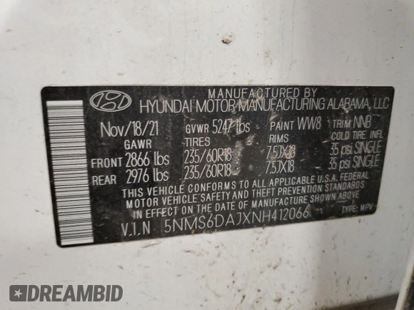 2022 Hyundai Santa Fe XRT with VIN 5NMS6DAJXNH412066, listed as a Copart auction lot 44907245 with 66,140 mi miles and Salvage Title. Bid and sale history available at carsss.com. Image 15.