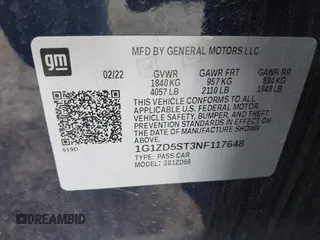 2022 Chevrolet Malibu LT with VIN 1G1ZD5ST3NF117648, listed as a IAAI auction lot 41899179 with 53,065 mi miles and . Bid and sale history available at DreamBid. Image 9.