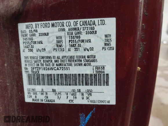 1998 Ford F-150 с VIN 2FTZF1826WCA72551, выставлен на аукционе IAAI как лот 42507399 с пробегом 200 692 миль миль и . История ставок и продаж доступна на DreamBid. Изображение 9.