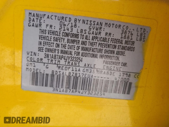 2018 Nissan Sentra S with VIN 3N1AB7AP4JY323254, listed as a Copart auction lot 50812835 with 229,712 mi miles and Salvage Title. Bid and sale history available at DreamBid. Image 13.