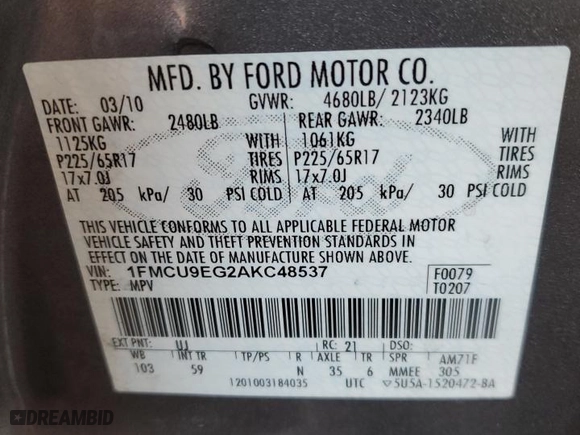 2010 Ford Escape Limited with VIN 1FMCU9EG2AKC48537, listed as a Copart auction lot 45602305 with 138,851 mi miles and Salvage Title. Bid and sale history available at carsss.com. Image 13.