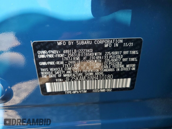 2022 Subaru Forester Wilderness with VIN JF2SKAMC6NH410180, listed as a Copart auction lot 65919965 with 47,269 mi miles and Salvage title. Bid and sale history available at DreamBid. Image 13.
