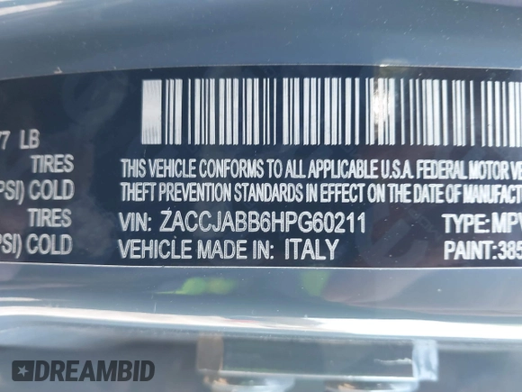 2017 Jeep Renegade Latitude with VIN ZACCJABB6HPG60211, listed as a IAAI auction lot 41422858 with 64,122 mi miles and . Bid and sale history available at DreamBid. Image 9.