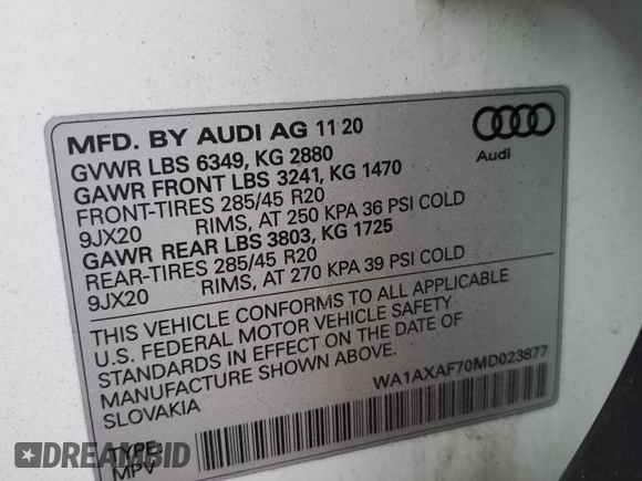 2021 Audi Q7 Premium z VIN WA1AXAF70MD023877, wystawiony jako Copart lot #49084005 z przebiegiem 28 431 mil mil oraz Nie do naprawy • Non repairable. Historia ofert i sprzedaży dostępna na DreamBid. Obrazek 13.
