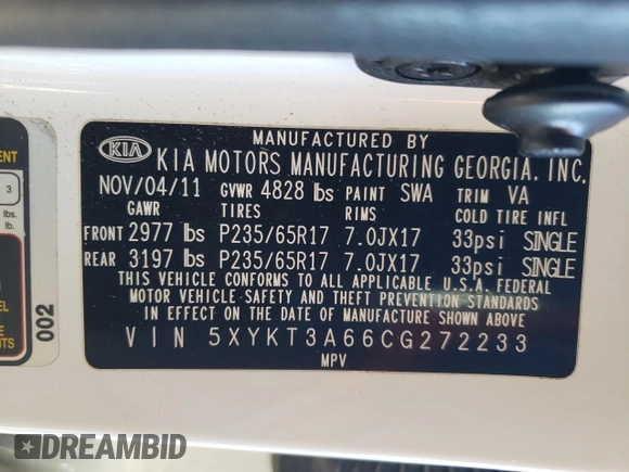 2012 Kia Sorento LX with VIN 5XYKT3A66CG272233, listed as a Copart auction lot 49393445 with 253,328 mi miles and Salvage Title. Bid and sale history available at DreamBid. Image 15.