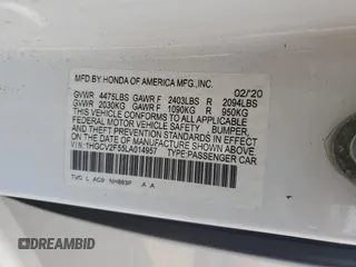2020 Honda Accord EX-L with VIN 1HGCV2F55LA014957, listed as a Copart auction lot 55217755 with 60,218 mi miles and Salvage title. Bid and sale history available at DreamBid. Image 13.