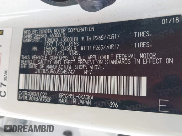 2018 Toyota 4Runner SR5 with VIN JTEBU5JR6J5545742, listed as a IAAI auction lot 41940150 with 64,488 mi miles and . Bid and sale history available at DreamBid. Image 9.