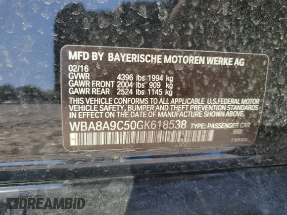 2016 BMW 3 Series 320i with VIN WBA8A9C50GK618538, listed as a Copart auction lot 88373835 with 0 mi miles and Salvage Title. Bid and sale history available at carsss.com. Image 14.