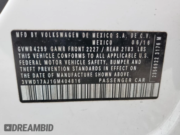 2016 Volkswagen Jetta Sport z VIN 3VWD17AJ1GM404816, wystawiony jako Copart lot #46916355 z przebiegiem 71 748 mil mil oraz Szkoda całkowita • Salvage title. Historia ofert i sprzedaży dostępna na DreamBid. Obrazek 12.