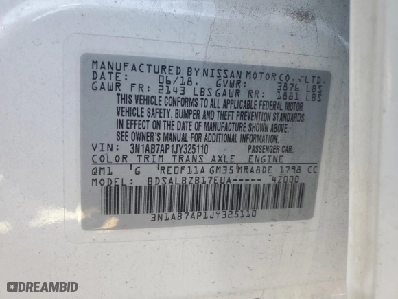 2018 Nissan Sentra S with VIN 3N1AB7AP1JY325110, listed as a Copart auction lot 42028535 with 213,501 mi miles and Salvage Title. Bid and sale history available at carsss.com. Image 14.