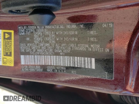 2019 Toyota Highlander SE with VIN 5TDJZRFH5KS983821, listed as a Copart auction lot 57510922 with 21,774 mi miles and Salvage title. Bid and sale history available at DreamBid. Image 10.