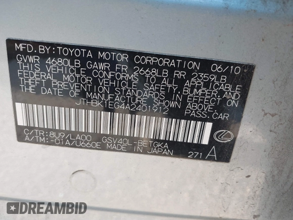 2010 Lexus ES 330 with VIN JTHBK1EG4A2401912, listed as a IAAI auction lot 41225063 with 171,678 mi miles and . Bid and sale history available at DreamBid. Image 9.