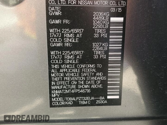 2015 Nissan Rogue SV with VIN KNMAT2MT4FP546716, listed as a Copart auction lot 52157585 with 115,348 mi miles and Salvage Title. Bid and sale history available at carsss.com. Image 13.