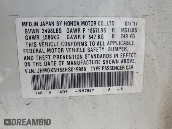 2017 Honda Fit EX-L with VIN JHMGK5H88HS019989, listed as a Copart auction lot 45152345 with 96,770 mi miles and Salvage Title. Bid and sale history available at DreamBid. Image 13.