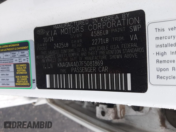 2015 Kia Optima EX with VIN KNAGN4AD7F5081869, listed as a Copart auction lot 55266585 with 106,830 mi miles and Salvage title. Bid and sale history available at DreamBid. Image 12.