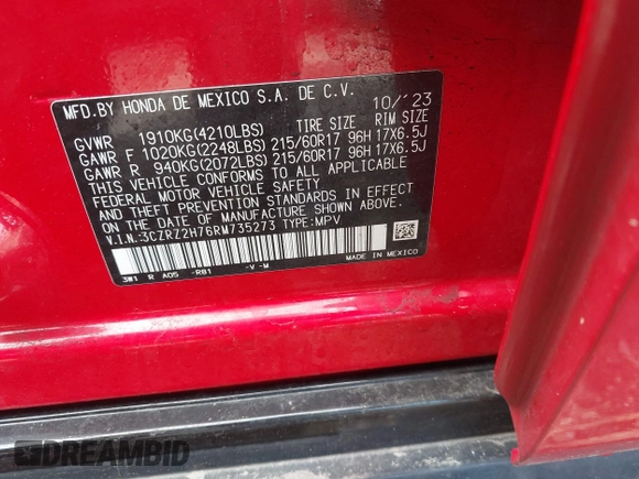 2024 Honda HR-V EX-L с VIN 3CZRZ2H76RM735273, выставлен на аукционе IAAI как лот 42055126 с пробегом 30 680 миль миль и . История ставок и продаж доступна на DreamBid. Изображение 9.