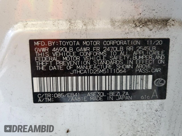 2021 Lexus IS 300 with VIN JTHCA1D25M5111064, listed as a Copart auction lot 57468785 with 18,281 mi miles and Salvage title. Bid and sale history available at DreamBid. Image 12.